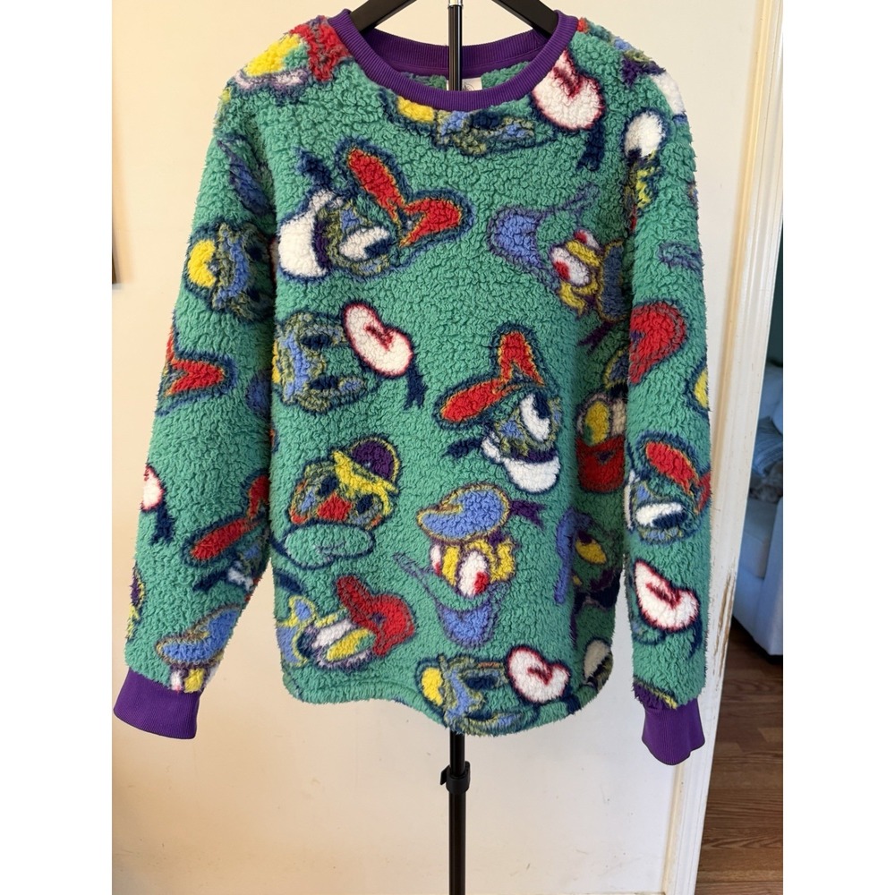 Disney Parks Donald Duck Sherpa Fleece Pullover Sweater Green Purple Small S NWT